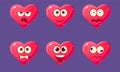 Cute Glossy Heart Characters Set, Pink Hearts with Different Emotions Vector Illustration,