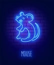 Cute glowing contour mouse on a brick wall. Vector card in neon style.
