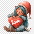 Cute gnome with big red heart with the text \