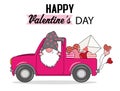 Cute gnome in car carrying hearts and love letter.