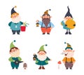 Cute Gnome Character with Beard in Pointy Hat Engaged in Different Activity Vector Set