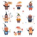 Cute Gnome Character with Beard in Pointy Hat Holding Lantern and Carrying Brushwood Vector Set
