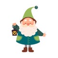 Cute Gnome Character with Beard in Pointy Hat Holding Lantern Vector Illustration