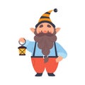 Cute Gnome Character with Beard in Pointy Hat Holding Lantern Vector Illustration