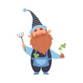 Cute Gnome Character with Beard in Pointy Hat with Rake and Trifoil Plant Vector Illustration