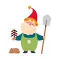 Cute Gnome Character with Beard in Pointy Hat with Shovel Planting Tree in Soil Vector Illustration