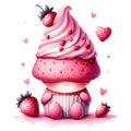 Cute Gnome Cupcake Strawberry Valentine\'s Day Clipart Illustration AI Generative