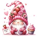 Cute Gnome Cupcake Strawberry Valentine\'s Day Clipart Illustration AI Generative