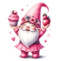Cute Gnome Cupcake Strawberry Valentine\'s Day Clipart Illustration AI Generative