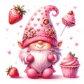 Cute Gnome Cupcake Strawberry Valentine\'s Day Clipart Illustration AI Generative