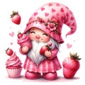 Cute Gnome Cupcake Strawberry Valentine\'s Day Clipart Illustration AI Generative