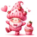 Cute Gnome Cupcake Strawberry Valentine\'s Day Clipart Illustration AI Generative