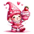 Cute Gnome Cupcake Strawberry Valentine\'s Day Clipart Illustration AI Generative