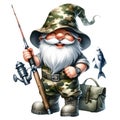 Cute Gnome Fisherman Wearing Camouflage Watercolor Clipart Illustration AI Generative