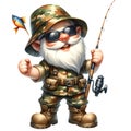 Cute Gnome Fisherman Wearing Camouflage Watercolor Clipart Illustration AI Generative