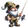 Cute Gnome Fisherman Wearing Camouflage Watercolor Clipart Illustration AI Generative