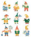 Cute gnome. Happy garden gnomes with watering can, shovel, flower. Fairytale dwarfs in hats. Flat cartoon fantasy elf