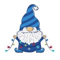 gnome holding a Christmas garland. Vector illustration of cartoon dwarf character