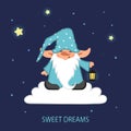 Cute gnome with lantern on cloud. Sweet dreams vector illustration with dwarf