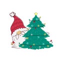 cute gnome looks out from behind a large Christmas tree with a garland. Vector illustration of cartoon dwarf character