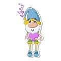 Cute gnome in love with rose heart. Sticker. Cartoon illustration.