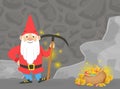 Cute Gnome in Mine Extracting Gems with Pickaxe, Happy Funny Fairy Tale Dwarf Searching for Gold Cartoon Vector