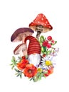 Cute gnome with mushrooms and field flowers design. Watercolor forest card illustration Royalty Free Stock Photo