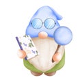 Cute gnome with notebook and magnifying glass isolated on white background.
