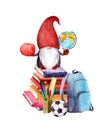 Cute gnome on pile of books, with school items - globe, apple, pen and pencils, football ball, clocks, bacpack