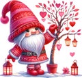 cute Gnome in a red woolen outfit, decorating a Valentine\'s tree with lanterns and paper hearts. valentine\'s day.