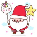 Cute Gnome Santa calus cartoon with Christmas unicorn and star balloon