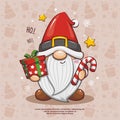 Cute Gnome Santa Claus With Gift Box And Candy Cane On Seamless Background. Cartoon Illustration