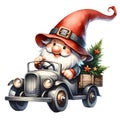 Cute Gnome Sitting On Vintage Truck Watercolor Clipart Illustration AI Generative