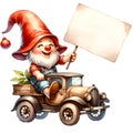 Cute Gnome Sitting On Vintage Truck Watercolor Clipart Illustration AI Generative