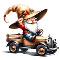Cute Gnome Sitting On Vintage Truck Watercolor Clipart Illustration AI Generative