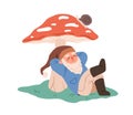 Cute gnome sleeping, lying under huge mushroom. Fairytale dwarf relaxing near fly-agaric. Childish fairy bearded