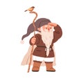 Cute gnome sorcerer with cane and bird. Fairytale bearded wizard. Fairy dwarf elf looking for smth. Old tiny magician in Royalty Free Stock Photo