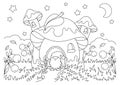 A cute gnome stands in a clearing near the mushroom house. Coloring book page for kids. Cartoon style character. Vector Royalty Free Stock Photo