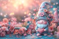 cute gnome on the table with flowers on a blurred background with bokeh with sun rays Royalty Free Stock Photo