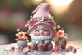 cute gnome on the table with flowers on a blurred background with bokeh with sun rays Royalty Free Stock Photo