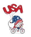 Cute Gnome 4th of July, Independence day, Gnome on bike with USA balloons, Doodle cartoon flat vector illustration for greeting Royalty Free Stock Photo