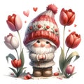 Cute Gnome Tulips Valentine Clipart Illustration AI Generative