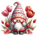 Cute Gnome Tulips Valentine Clipart Illustration AI Generative