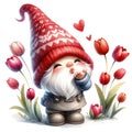 Cute Gnome Tulips Valentine Clipart Illustration AI Generative