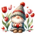 Cute Gnome Tulips Valentine Clipart Illustration AI Generative