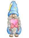 Cute gnome with valentine heart. Valentine day card. Watercolor drawing isolated on white background