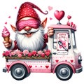 Cute Gnome Valentine Ice Cream Truck Watercolor Clipart Illustration AI Generative