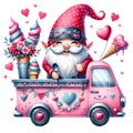 Cute Gnome Valentine Ice Cream Truck Watercolor Clipart Illustration AI Generative