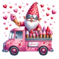 Cute Gnome Valentine Ice Cream Truck Watercolor Clipart Illustration AI Generative