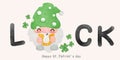 Cute gnome watercolor vector with luck and clover leaf illustration for St Patrick`s day kawaii cartoon